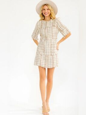 Textured Cream Plaid Mini Dress - Effortless Chic